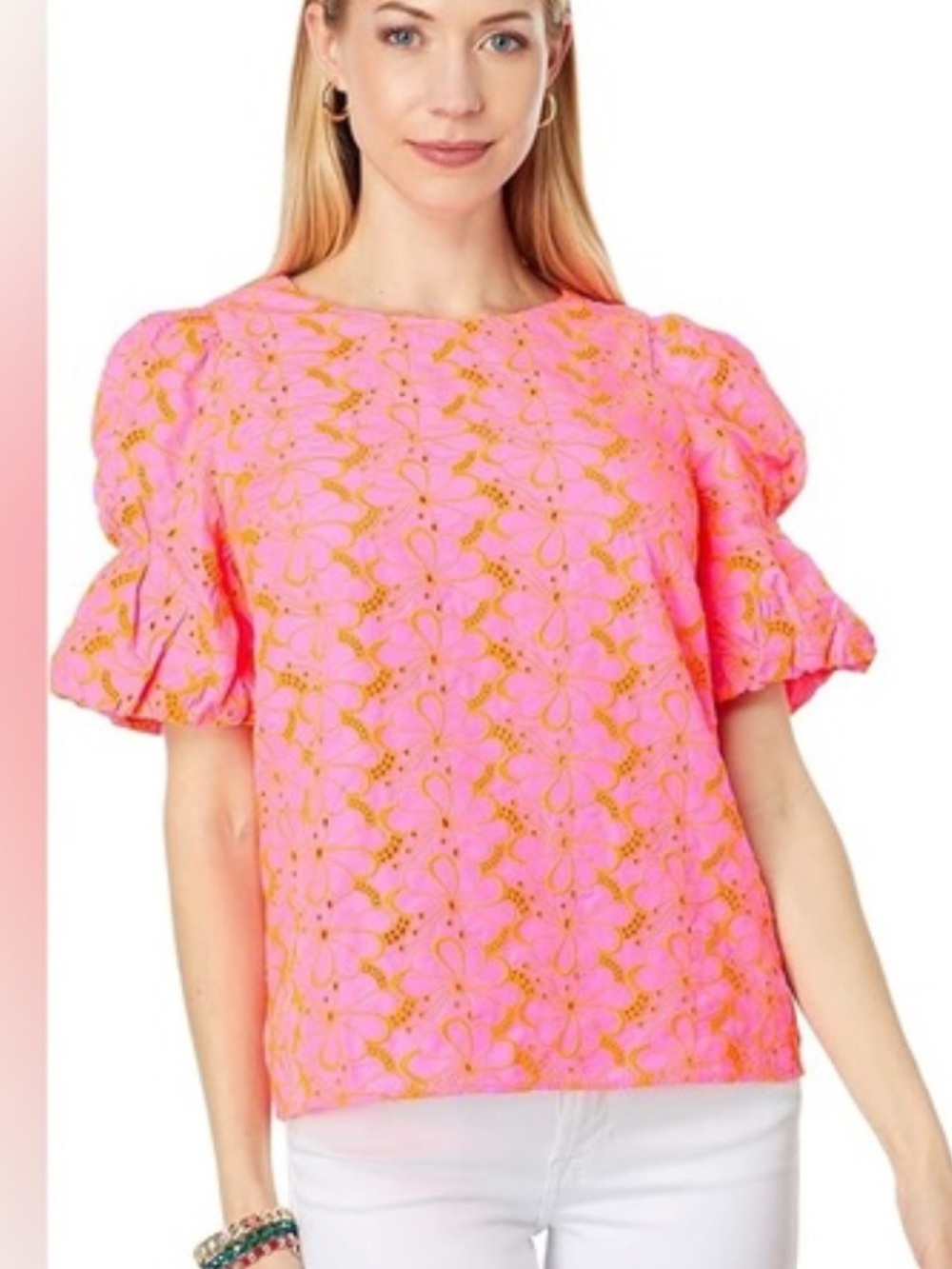 Lilly Pulitzer Neon Pink Eyelet Puff-Sleeve Top - Picture 4 of 4